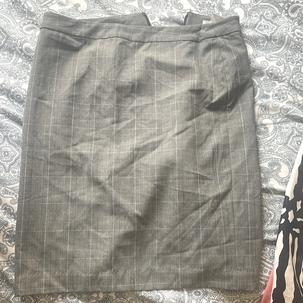 grey work skirt with black and light blue stripes